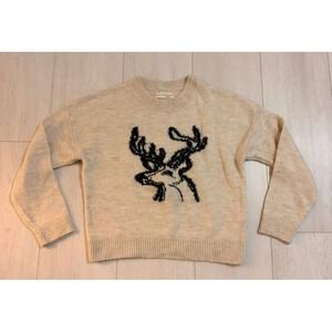 Anthropologie Oh Deer Reindeer Sweater Intarsia Holiday Sz S Cream Black